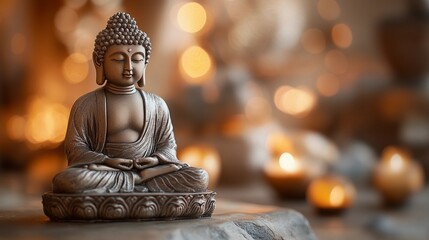Fototapeta premium Stone Buddha statue with peaceful aura, embodying Zen meditation, spiritual awakening, and harmony, suitable for yoga studios and wellness branding, stylized comic book illustration