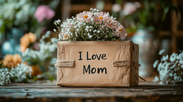 Rustic floral arrangement with “I Love Mom” message