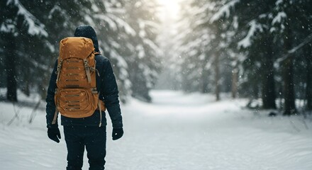 Male Hiker Walking through a snow-covered forest unveils hidden tracks and mysteries of woods, evoking a sense of exploration and discovery