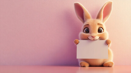 Cute cartoon rabbit holding a blank sign against a soft pink background, inviting creativity