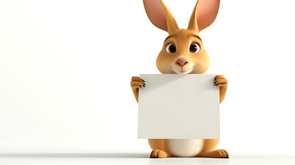 Cute cartoon rabbit holding a blank sign in a minimalistic white background setting