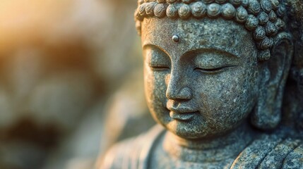 Obraz premium Stone Buddha statue with peaceful aura, embodying Zen meditation, spiritual awakening, and harmony, suitable for yoga studios and wellness branding, stylized comic book illustration