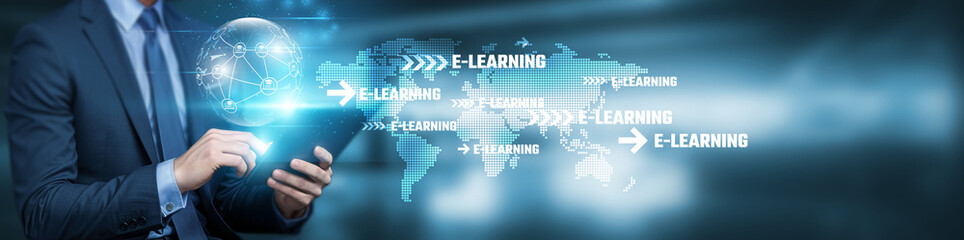 Hand touching global network connection on e-learning, technology, and futuristic advancements.