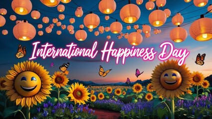 a sky filled with glowing lanterns. The words "International Happiness Day" appear in playful, glowing letters in the sky, blending seamlessly with the magical atmosphere