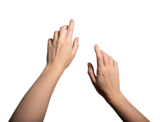 Hand reaching forward in a grasping gesture, fingers outstretched to take or catch something. Open palm and natural wrist position symbolizing action. Isolated on white background..