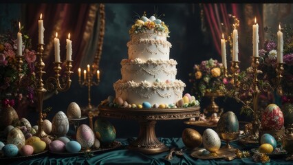 Elegant Easter celebration with a floral cake and decorative eggs displayed on a lavish table