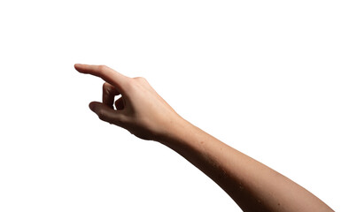 hand with a slightly curved index finger making a pressing or selecting gesture. Natural wrist...