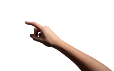 hand with a slightly curved index finger making a pressing or selecting gesture. Natural wrist position, symbolizing interaction, touchscreen use, or precise selection. Isolated on white background..