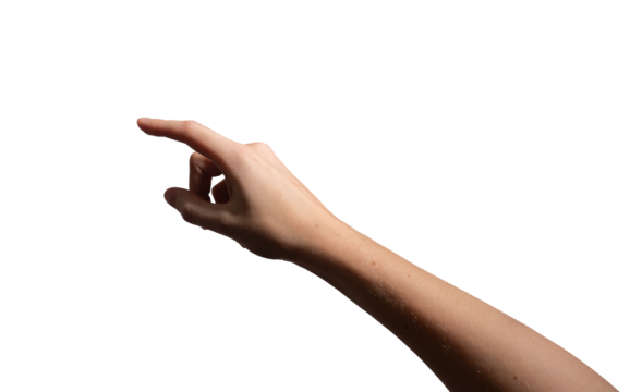 hand with a slightly curved index finger making a pressing or selecting gesture. Natural wrist position, symbolizing interaction, touchscreen use, or precise selection. Isolated on white background..