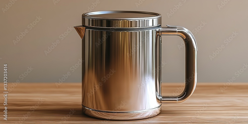 Poster shiny metallic container rests on wooden surface in well-lit setting