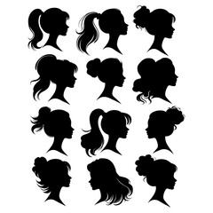 Woman heads in profile black silhouette outline avatars, Beautiful female faces profiles, anonymous portraits with hairstyle vector set.ai