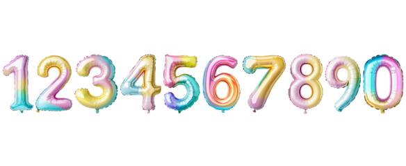 Multicolored metallic number balloons floating against transparent backdrop, conveying celebratory mood and decorative potential for party related graphic design needs