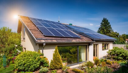 Fototapeta premium Solar panels on a modern house rooftop surrounded by a sustainable garden