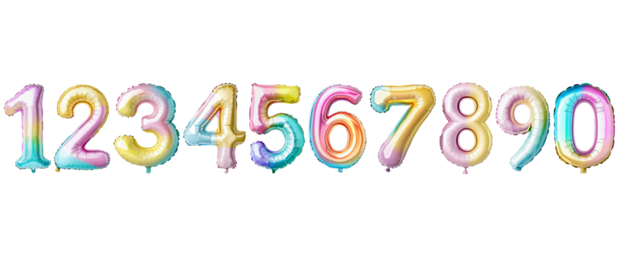 Multicolored metallic number balloons floating against transparent backdrop, conveying celebratory mood and decorative potential for party related graphic design needs