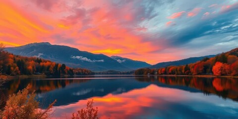 Naklejka premium Blazing orange and red sunset reflects on calm Hintersee lake, surrounded by vibrant autumn foliage, picturesque, golden hour