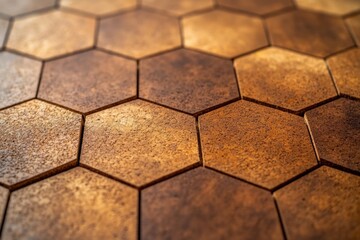 Close-up view of a hexagonal tiled surface.  The tiles are a light brownish-tan color with subtle variations in tone