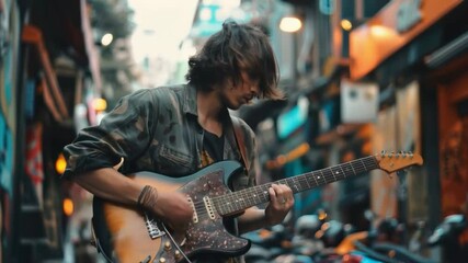 A video of a young man playing guitar in a street setting would be suitable for music and cultural projects, as well as content related to art and urban life.
