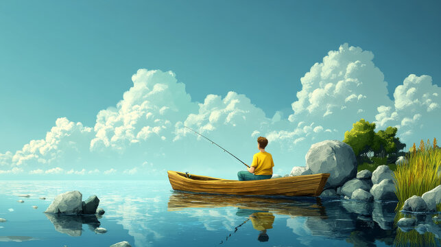Cartoon man in boat fishing. Vector illustration of male character sitting in wooden vessel alone with rod and reel in hands, catching fish from lake water, rocks on horizon, blue sky with clouds