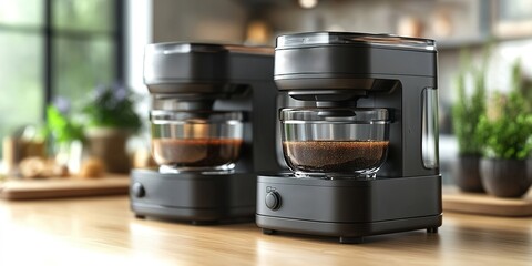 Two modern coffee makers brewing fresh coffee on a wooden kitchen counter beside plants and various kitchen items
