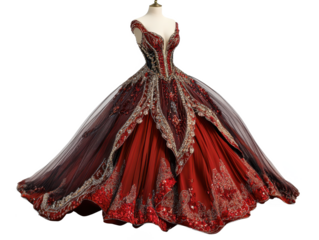 Exquisite red ball gown adorned with intricate beadwork on a mannequin against isolated on a Transparency Background