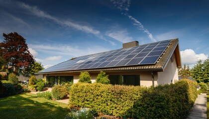 Solar panels on a modern house rooftop surrounded by a sustainable garden