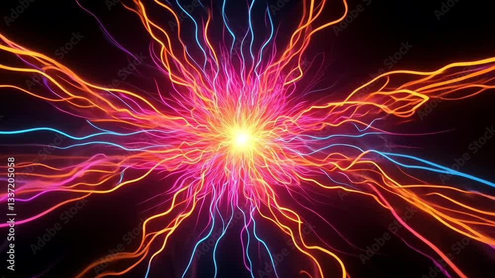 Poster vibrant explosion of colorful light trails radiates from central point, creating dynamic and energet