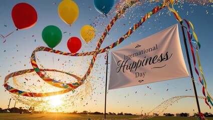  A large banner with "International Happiness Day" is displayed in the sky, surrounded by glowing sparkles and cheerful decorations