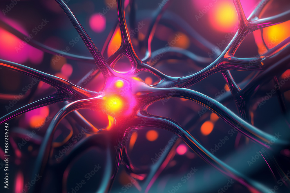 Poster abstract depiction of a neural network in 3d space, vibrant lines and nodes glowing against a dark g