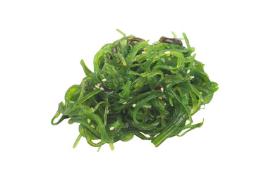 Wakame seaweed with sesame seeds isolated on white background close up