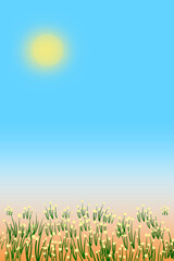 Illustration of a grassy field with a bright sun in the sky. The sun is shining brightly and the grass is green and lush.