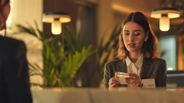 Video with a business woman exchanging a card is suitable for corporate videos, business trainings, advertising of financial services.
