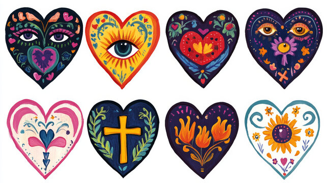 Mexican sacred hearts collection with eyes, crosses and flames on top. Decorative folk art design set. Catholic traditional religious symbols. Latin American cultural motifs for Valentine day cards.