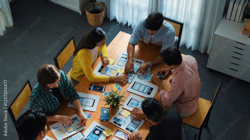 Poster top view of developer team designing ux ui design for phone interface or planning for making digital