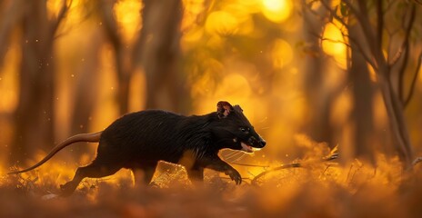 Tasmanian Devil moving stealthily through dense eucalyptus forest twilight black fur merging dimming hue of undergrowth Shafts of golden light pierce through canopy illuminating fine bristle along