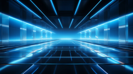 Blue gradient 3d neon studio room abstract, banner, background, angle view, no people, glow, game design