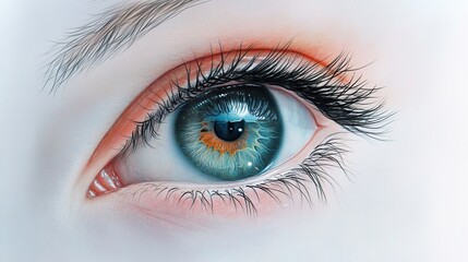 Close up of human female eye with bright blue iris light illumination , optics background