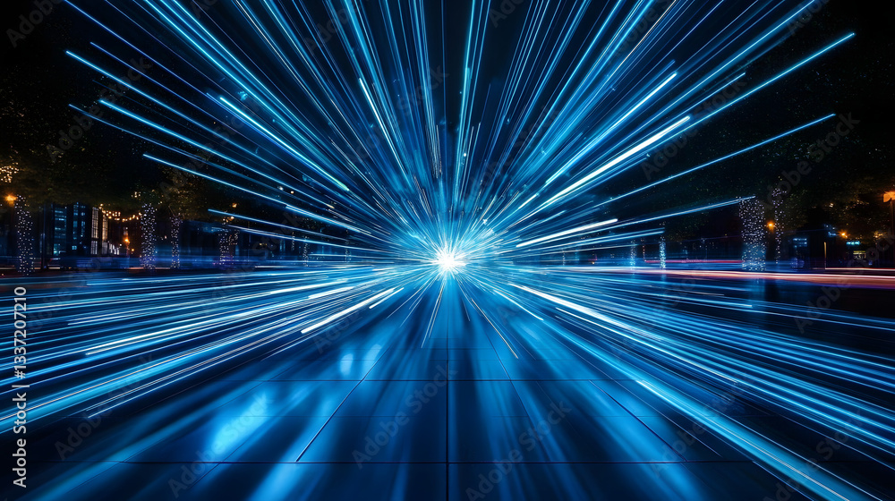 Poster dynamic image of blue light streaks radiating from a central point creating an impression of high-sp