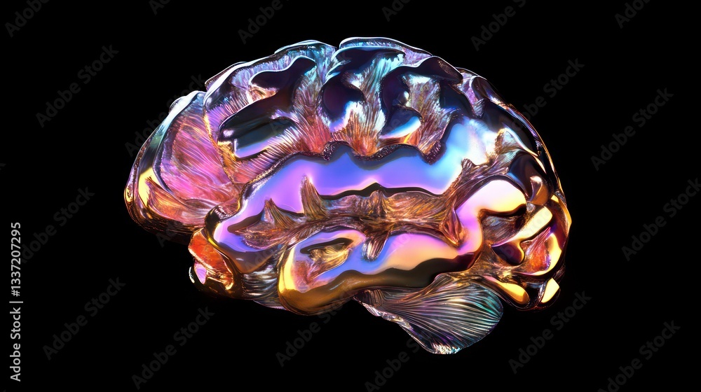 Poster iridescent 3d brain icon in gradient colors. ideal for representing knowledge, intelligence, and cre