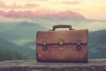 A vintage leather briefcase rests on a wooden surface against a breathtaking mountain backdrop.