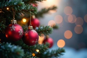 Obraz premium Intertwined branches, shimmering baubles, bokeh lights, element, bokeh