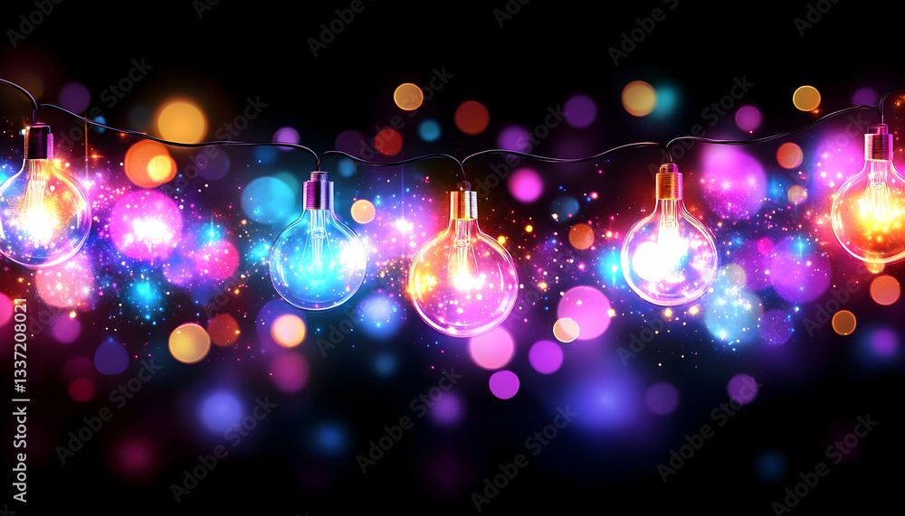 Poster glowing string lights with colorful bokeh