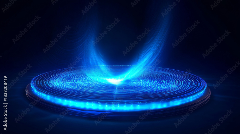 Poster 3d light hologram podium for game. tech portal with blue neon glow. sci fi hud abstract design for c