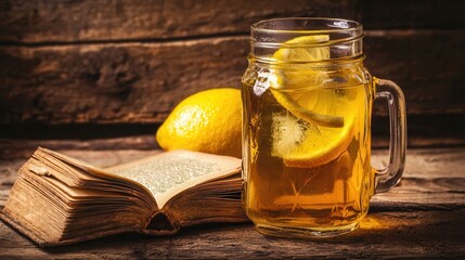 Refreshing Iced Tea with Lemon Slices and Book