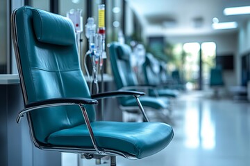 Fototapeta premium a row of medical chairs in a hospital room with medical equipment.
