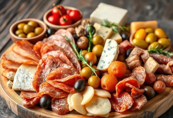 Rustic Italian antipasto platter with cured meats, cheeses & olives,  appetizer platter, rustic