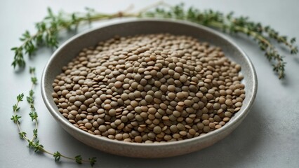 Fototapeta premium Lentils arranged in a bowl surrounded by fresh thyme on a light background