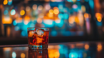 A glass of whiskey with ice cubes on a shiny table, colorful bokeh background
