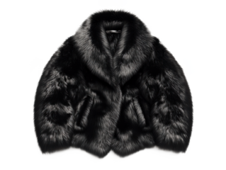 A luxurious black fur coat displayed against a stark black backdrop for a dramatic effect look style fashion isolated on a transparent background