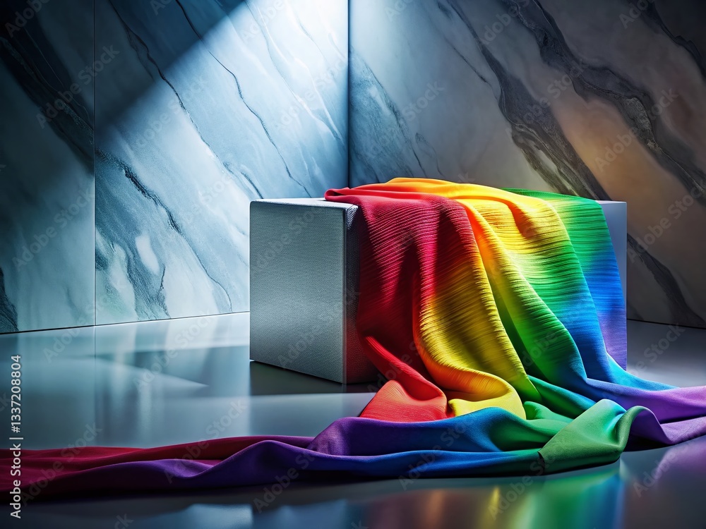 Aufkleber minimalist sensor on marble platform with rainbow gradient fabric