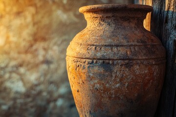 Ancient clay amphora, weathered texture, golden sunlight, rustic background.